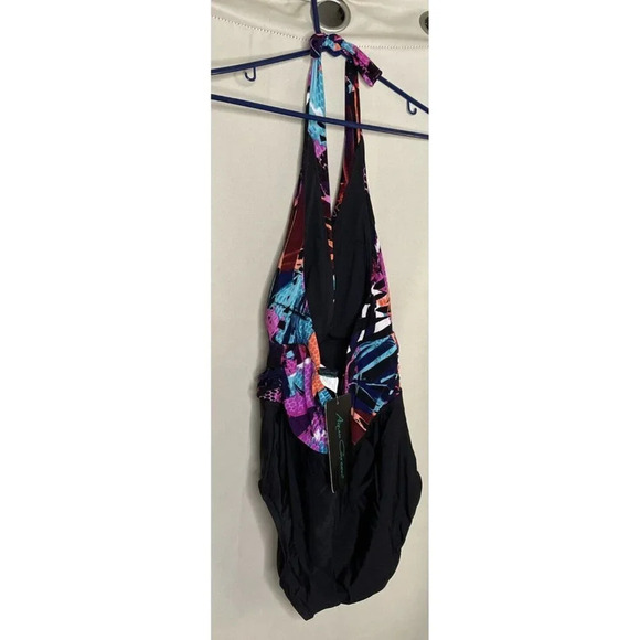 Aqua Green Women's  Black One Piece Swimsuit Abstract Floral Top Halter Sz M NEW - Picture 4 of 6